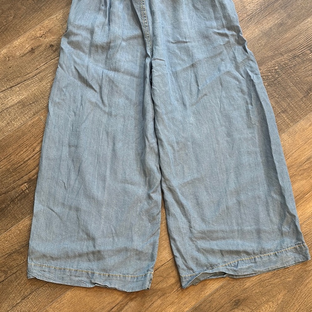 Zara Women’s Size XS‎ Blue Wide Leg Mid Calf Chambray Pants Tie Waist - Picture 8 of 12
